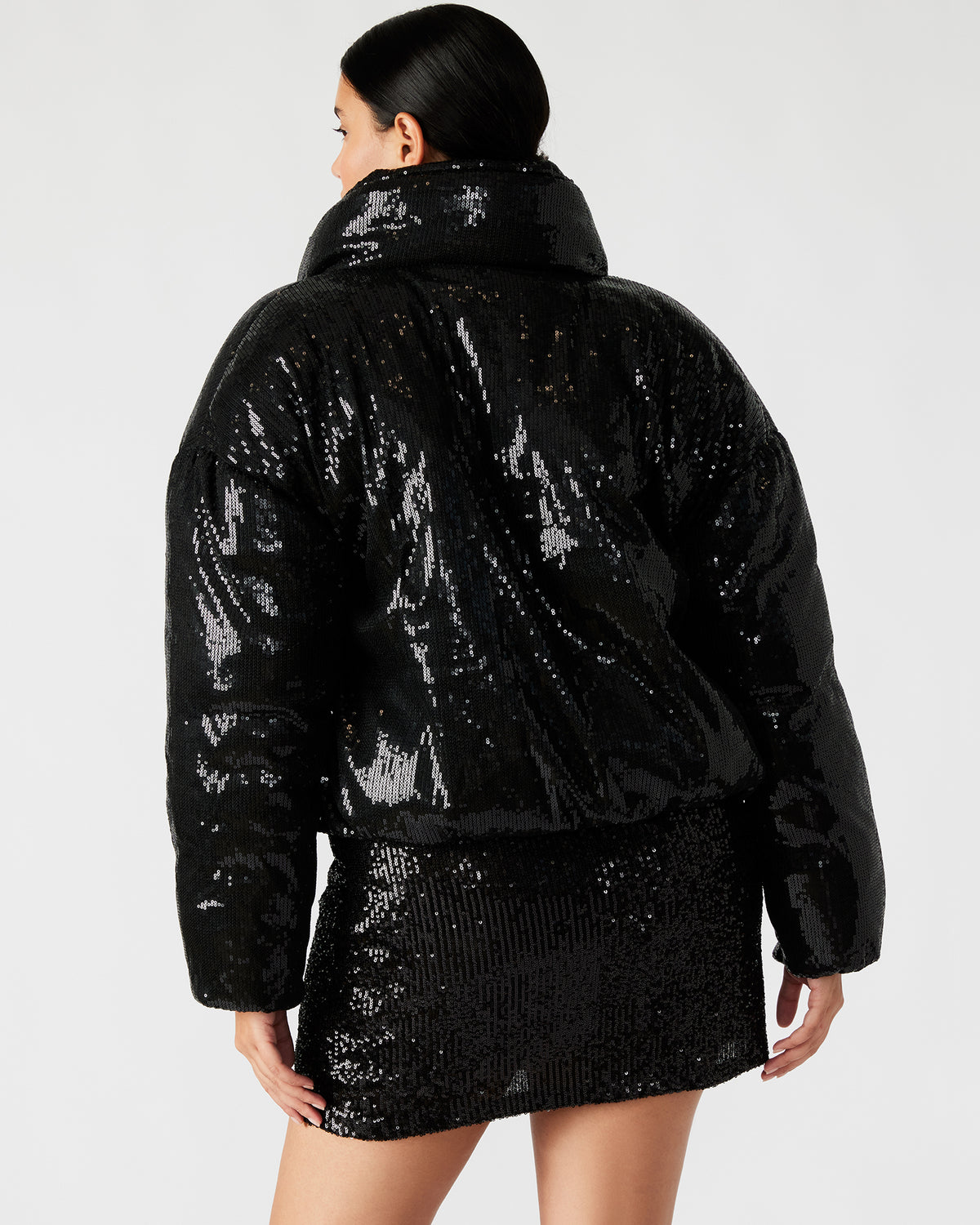 STRATTO Jacket Black | Women's Sequin Long-Sleeved Puffer Jacket Steve Madden BLACK