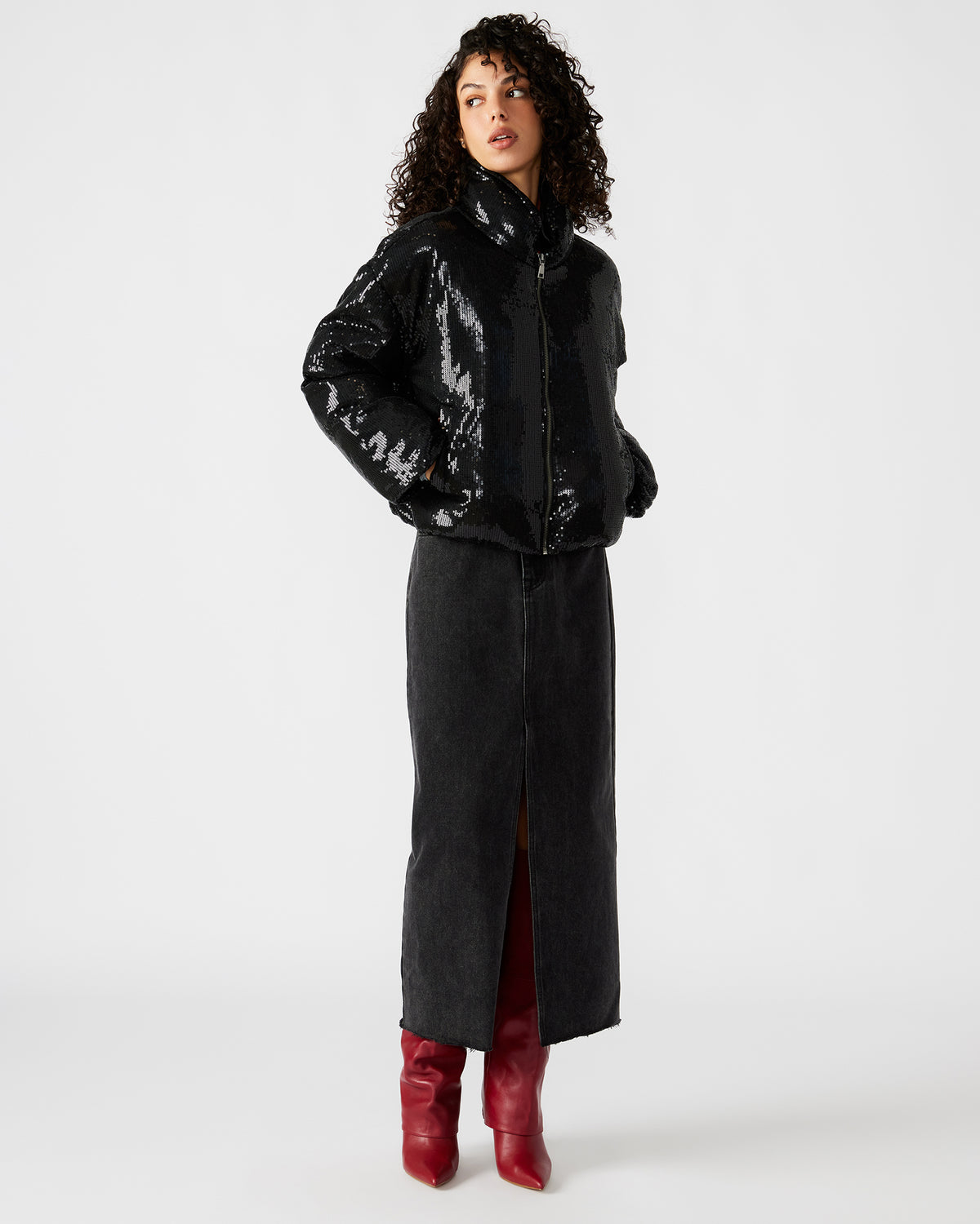 STRATTO Jacket Black | Women's Sequin Long-Sleeved Puffer Jacket Steve Madden BLACK