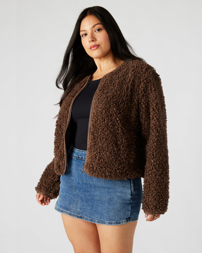 TEDDY Jacket Brown | Women's Collarless Sherpa Jacket Steve Madden BROWN