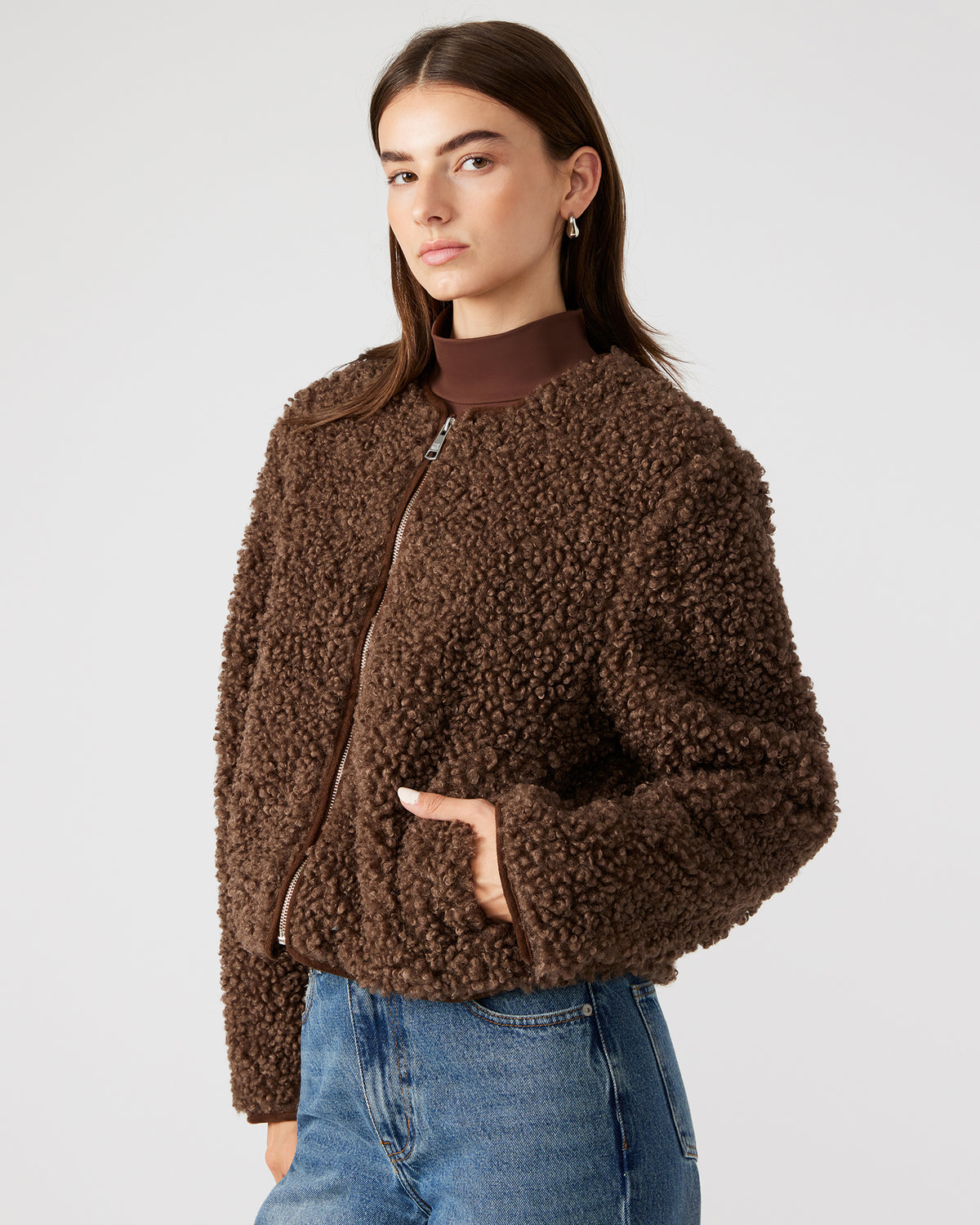 TEDDY Jacket Brown | Women's Collarless Sherpa Jacket Steve Madden BROWN