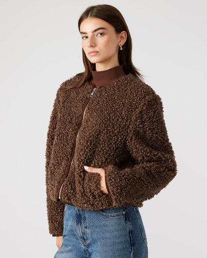 TEDDY Jacket Brown | Women's Collarless Sherpa Jacket Steve Madden BROWN