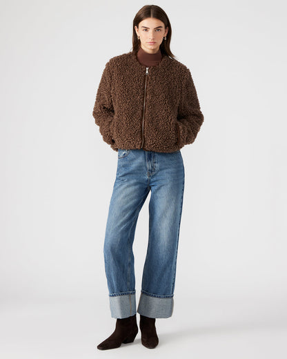 TEDDY Jacket Brown | Women's Collarless Sherpa Jacket Steve Madden BROWN