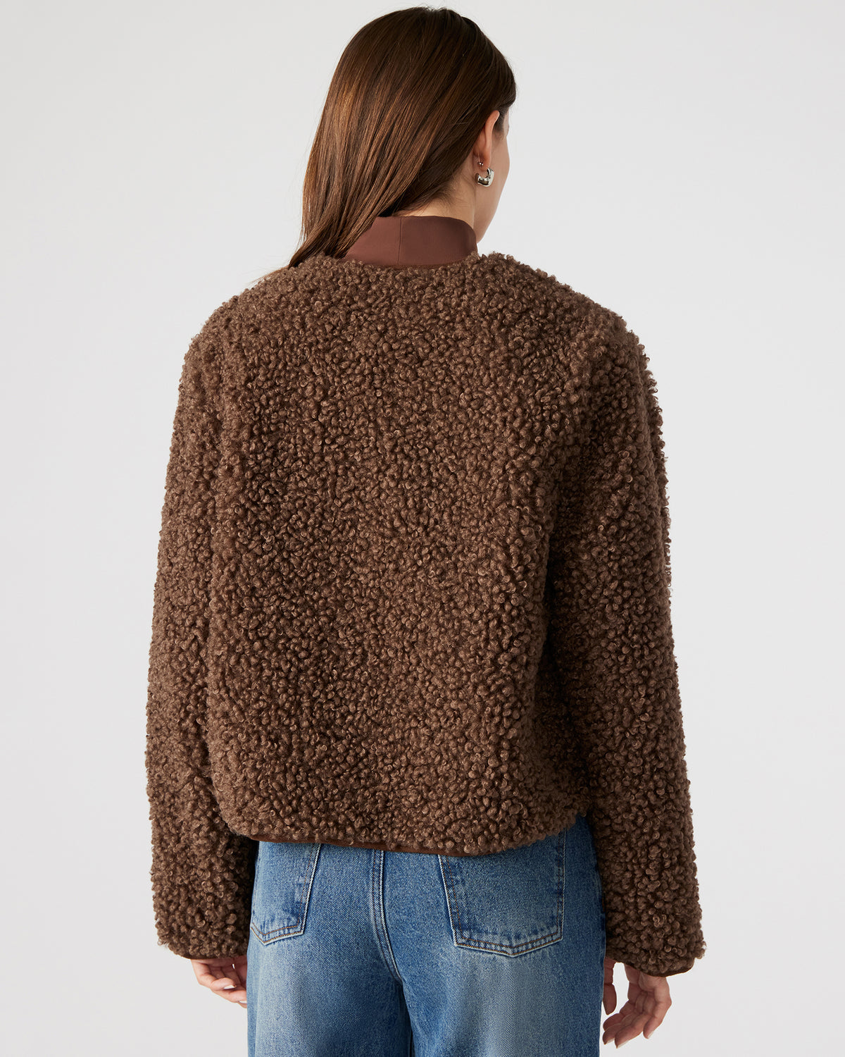 TEDDY Jacket Brown | Women's Collarless Sherpa Jacket Steve Madden BROWN