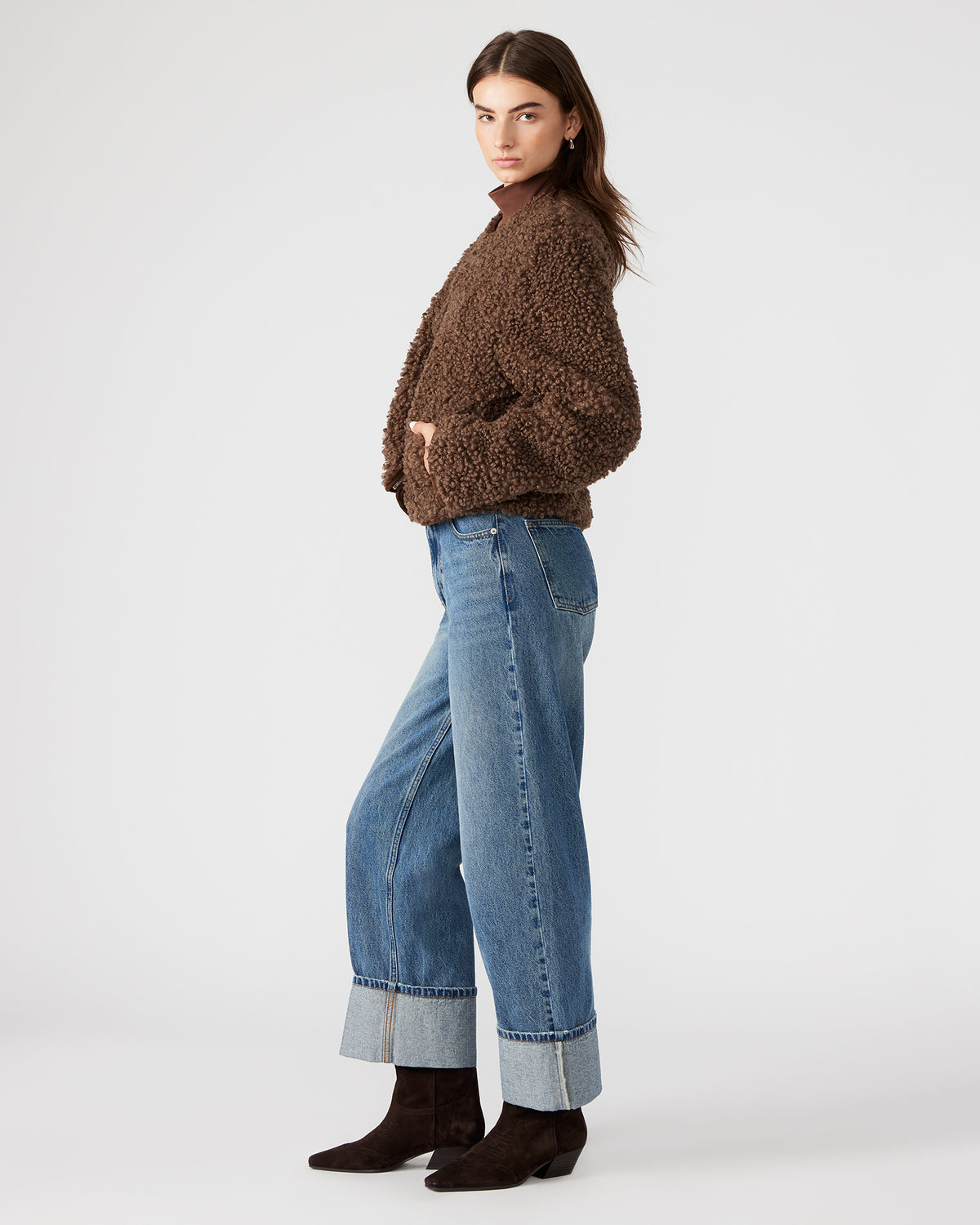 TEDDY Jacket Brown | Women's Collarless Sherpa Jacket Steve Madden BROWN
