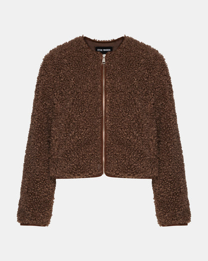 TEDDY Jacket Brown | Women's Collarless Sherpa Jacket Steve Madden BROWN