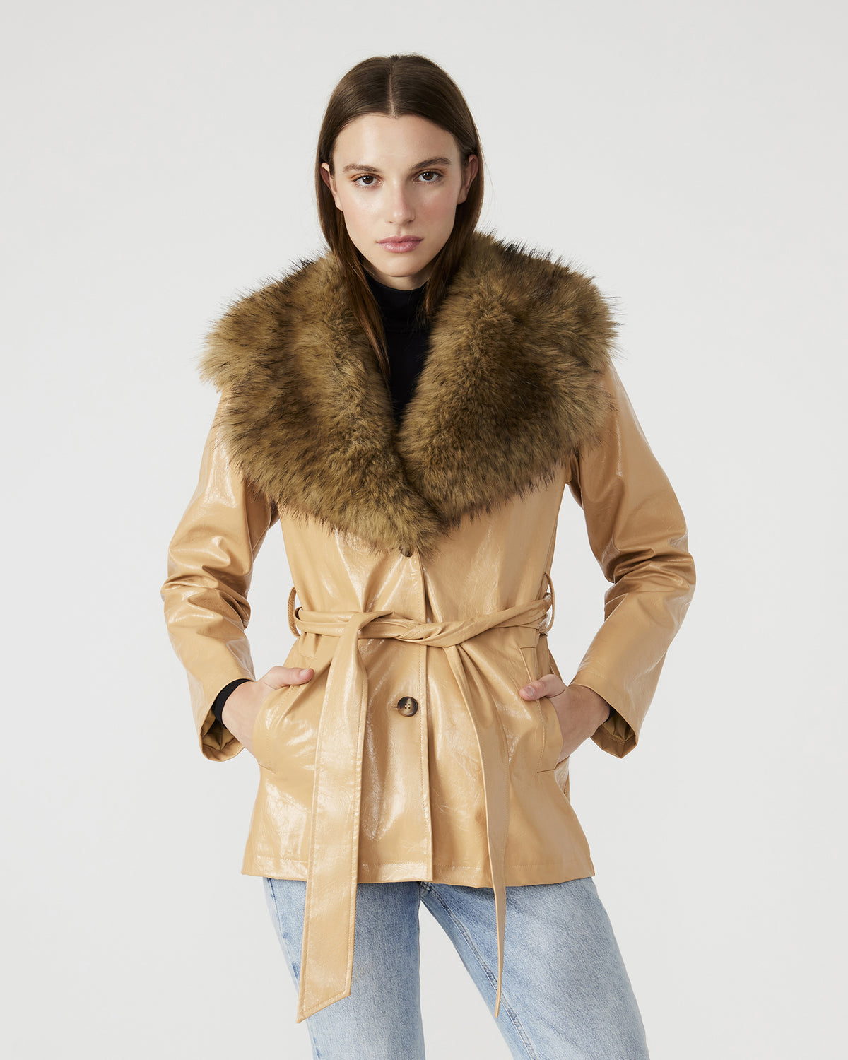 BOWERY Coat Tan | Women's Faux Leather Button-Up Coat Steve Madden TAN