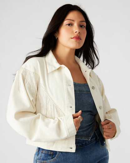 CANYON Denim Jacket Cream | Women's Rhinestone Fringe Jacket Steve Madden CREAM