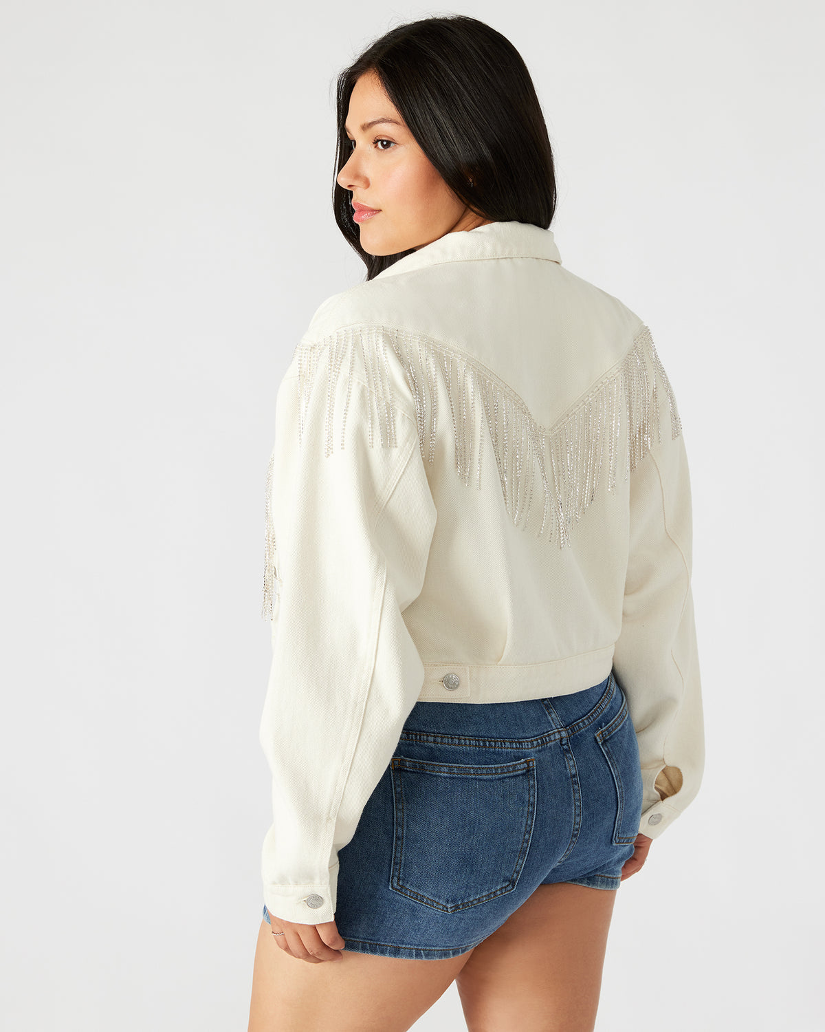 CANYON Denim Jacket Cream | Women's Rhinestone Fringe Jacket Steve Madden CREAM