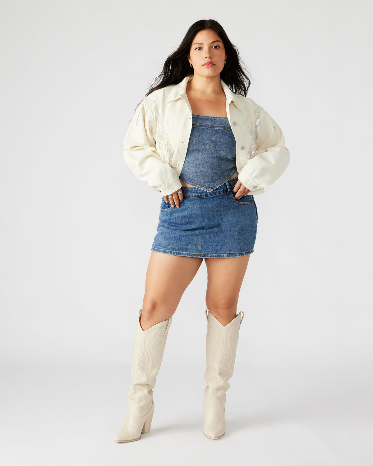 CANYON Denim Jacket Cream | Women's Rhinestone Fringe Jacket Steve Madden CREAM