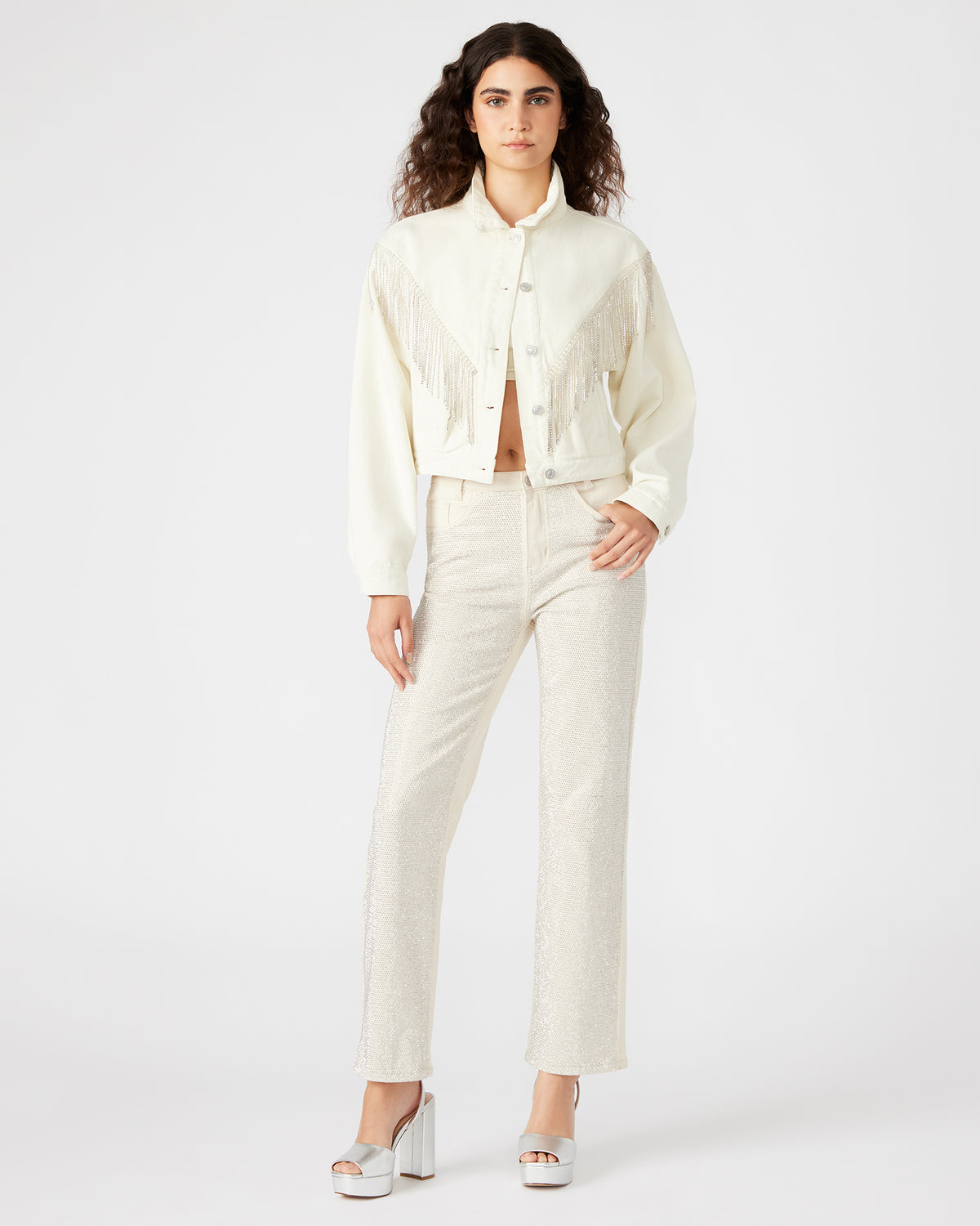 CANYON Denim Jacket Cream | Women's Rhinestone Fringe Jacket Steve Madden CREAM