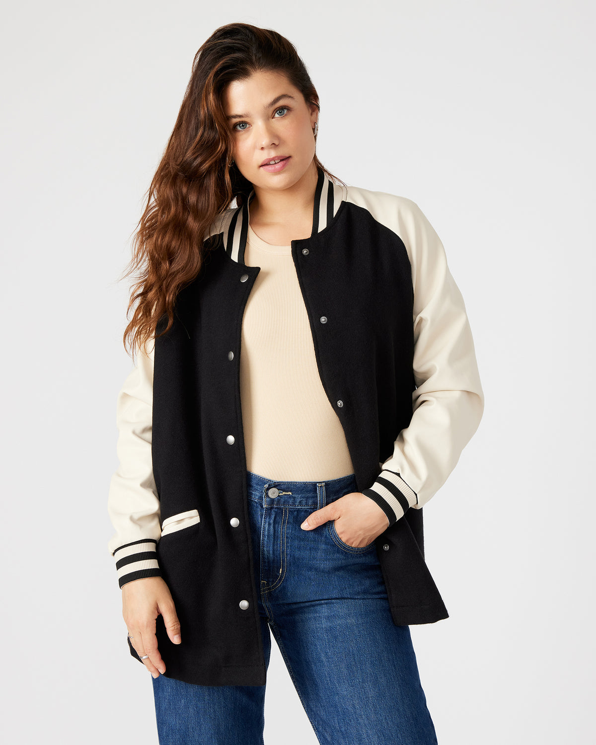 SKYLIE Jacket Black | Women's Varsity Bomber Jacket Steve Madden BLACK