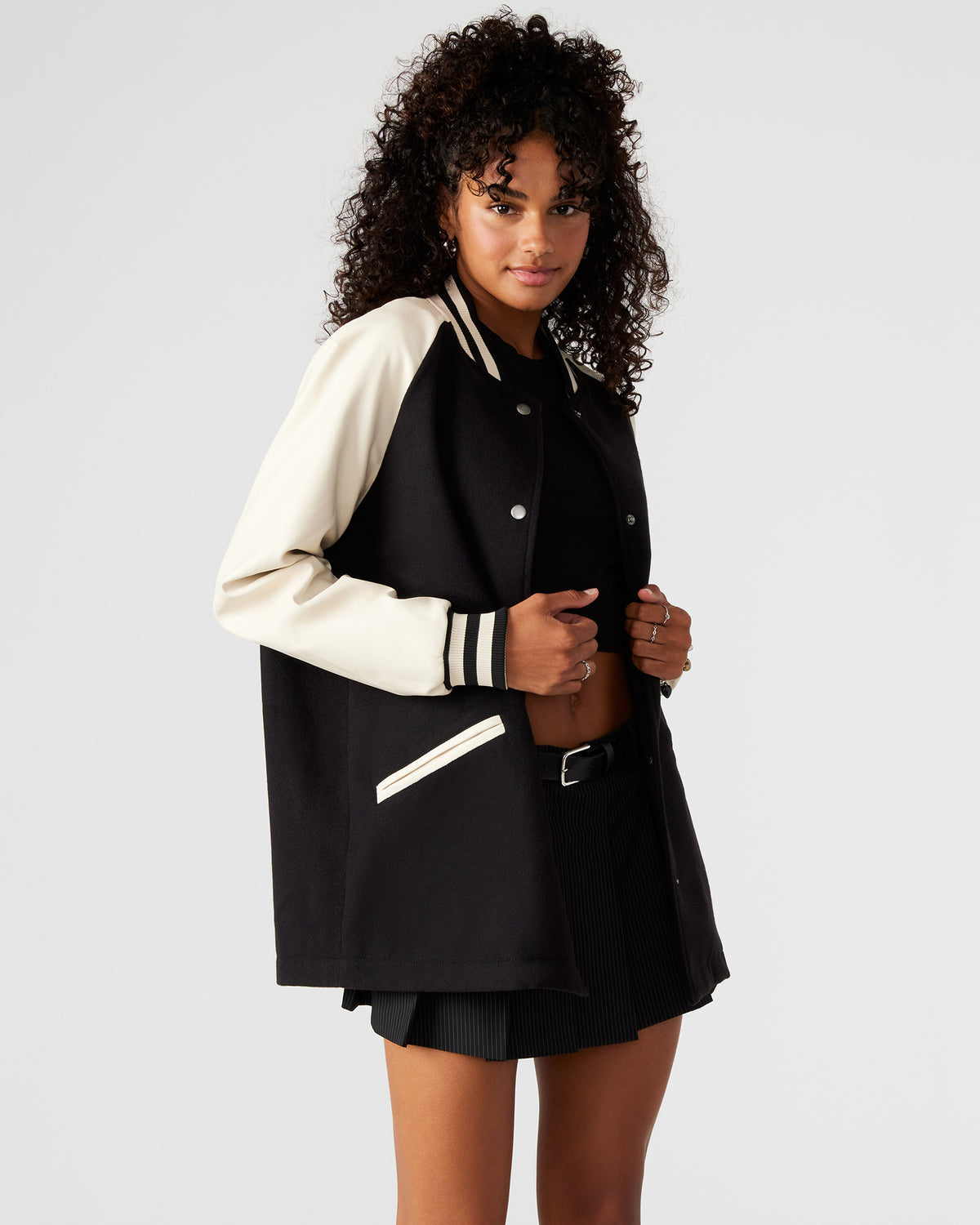 SKYLIE Jacket Black | Women's Varsity Bomber Jacket Steve Madden BLACK