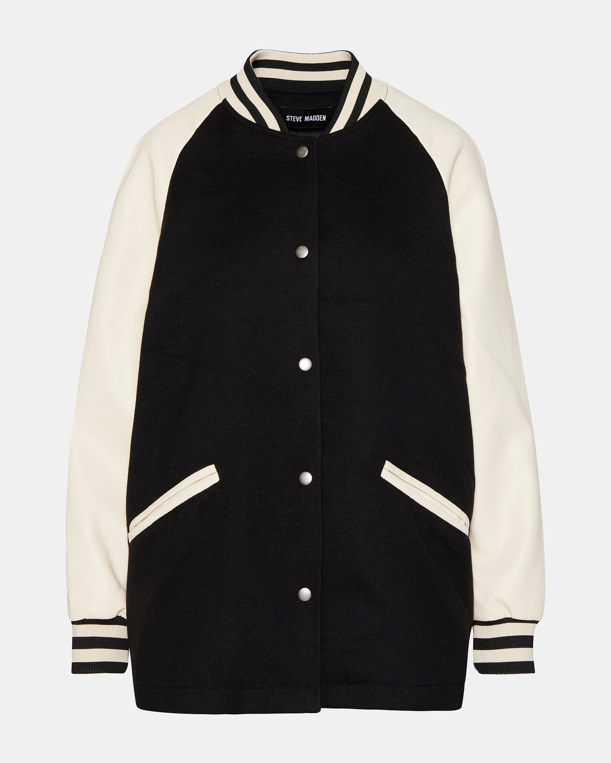 SKYLIE Jacket Black | Women's Varsity Bomber Jacket Steve Madden BLACK