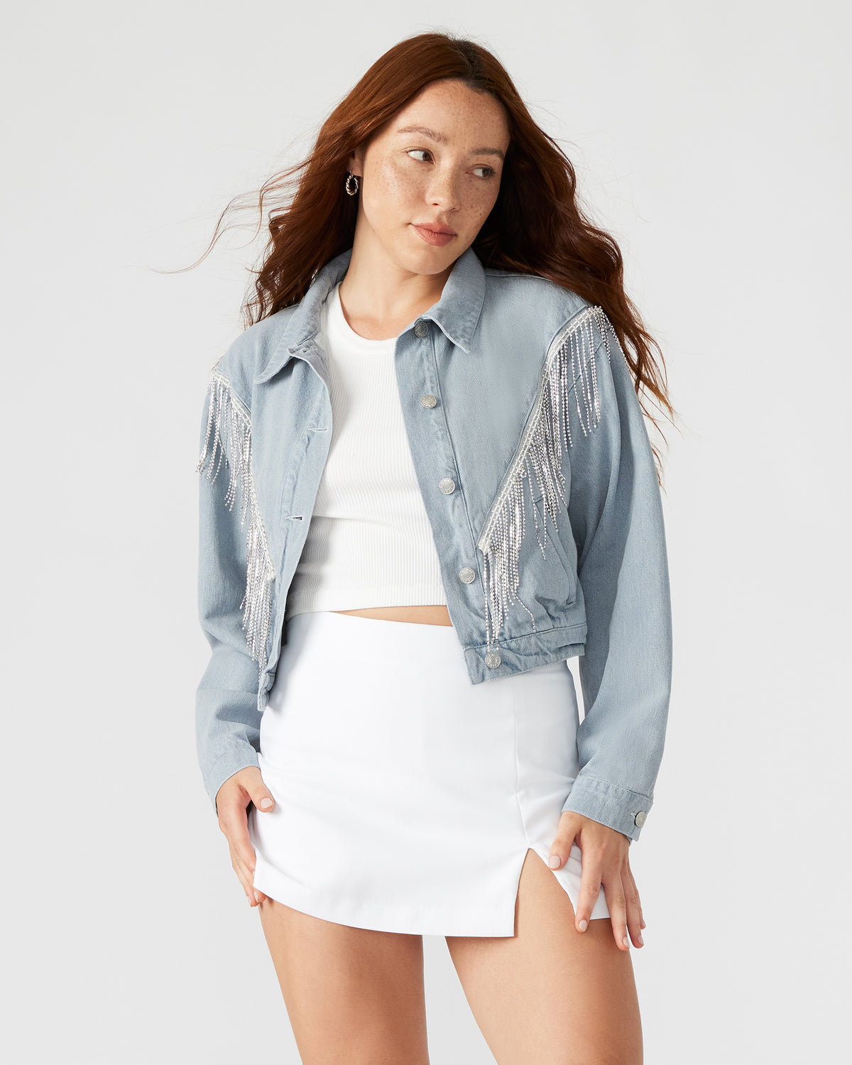 CANYON Denim Jacket | Women's Rhinestone Fringe Jacket Steve Madden DENIM FABRIC