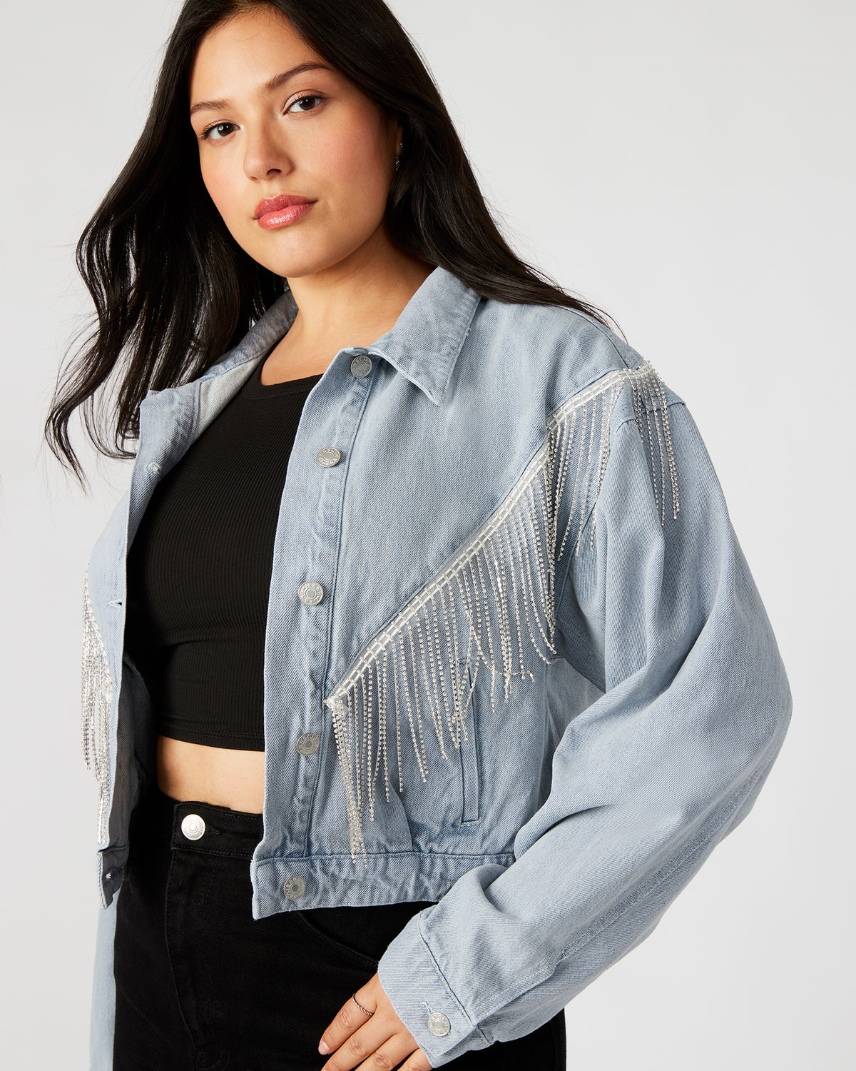 CANYON Denim Jacket | Women's Rhinestone Fringe Jacket Steve Madden DENIM FABRIC