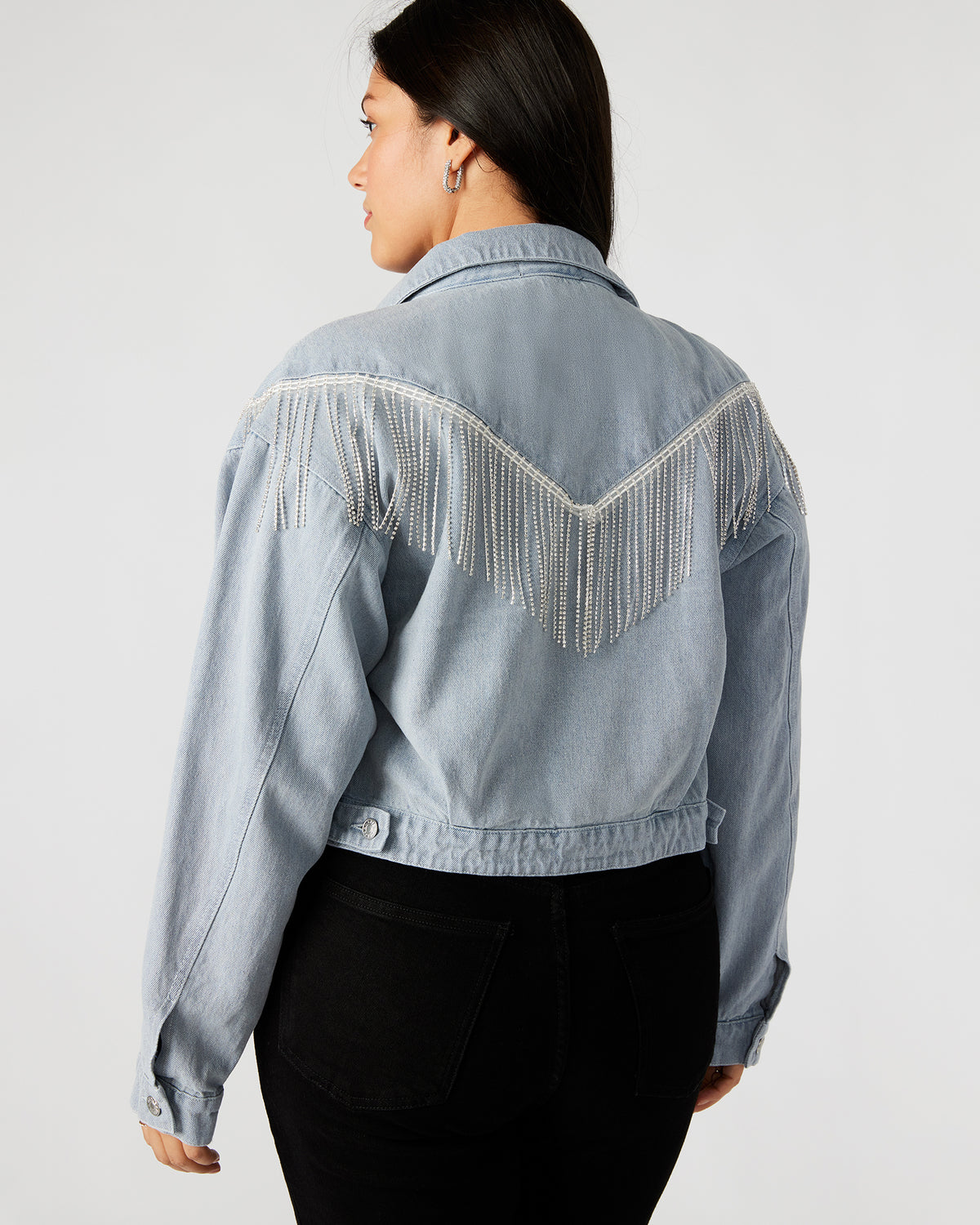 CANYON Denim Jacket | Women's Rhinestone Fringe Jacket Steve Madden DENIM FABRIC