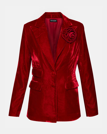 MERENE Blazer Red | Women's Long-Sleeved Button-Up Velvet Blazer Steve Madden RED