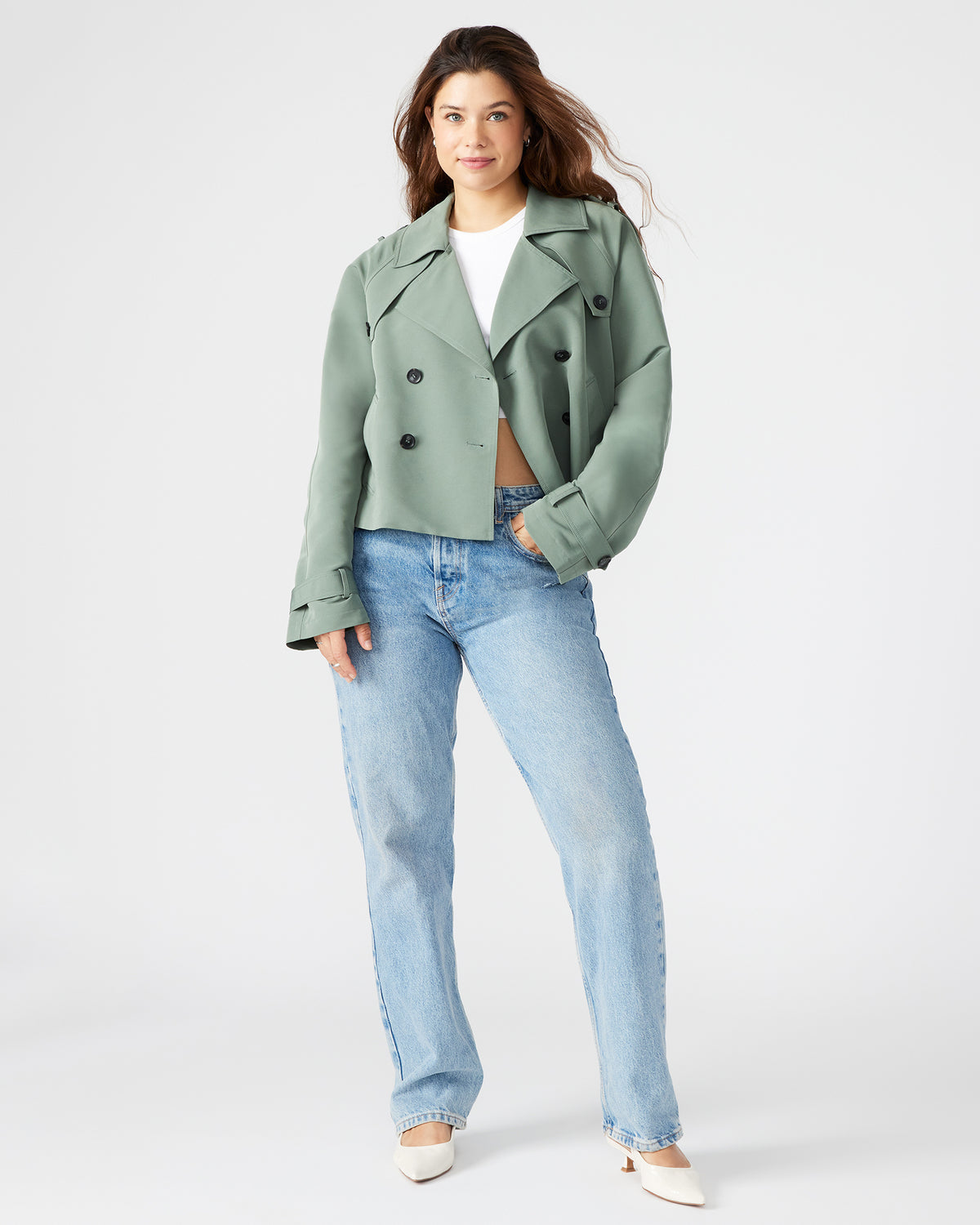 SIRUS Light Green Women's Cropped Denim Trench Coat Steve Madden LIGHT GREEN