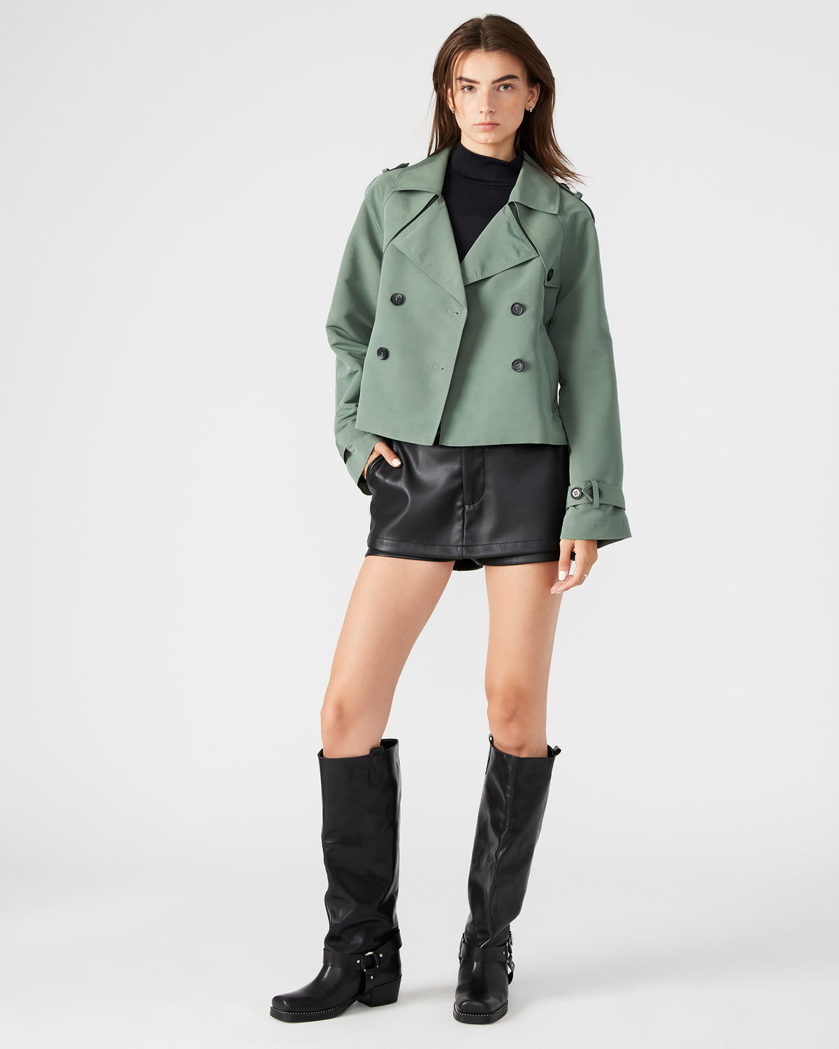 SIRUS Light Green Women's Cropped Denim Trench Coat Steve Madden LIGHT GREEN