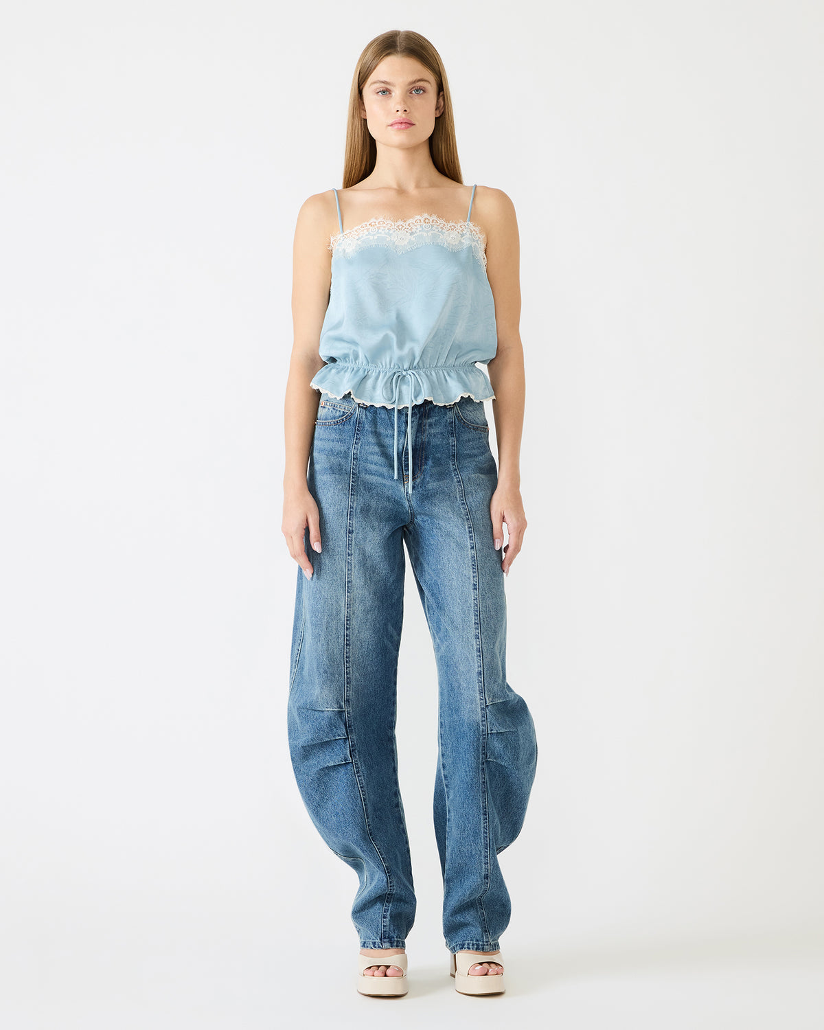 ROAN Dusty Blue Sleeveless Lace Trime Cinched Waist Women's Top Steve Madden DUSTY BLUE
