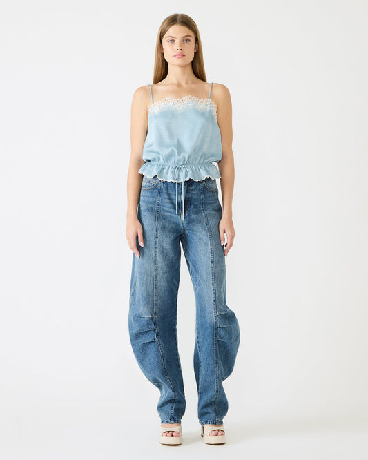 ROAN Dusty Blue Sleeveless Lace Trime Cinched Waist Women's Top Steve Madden DUSTY BLUE