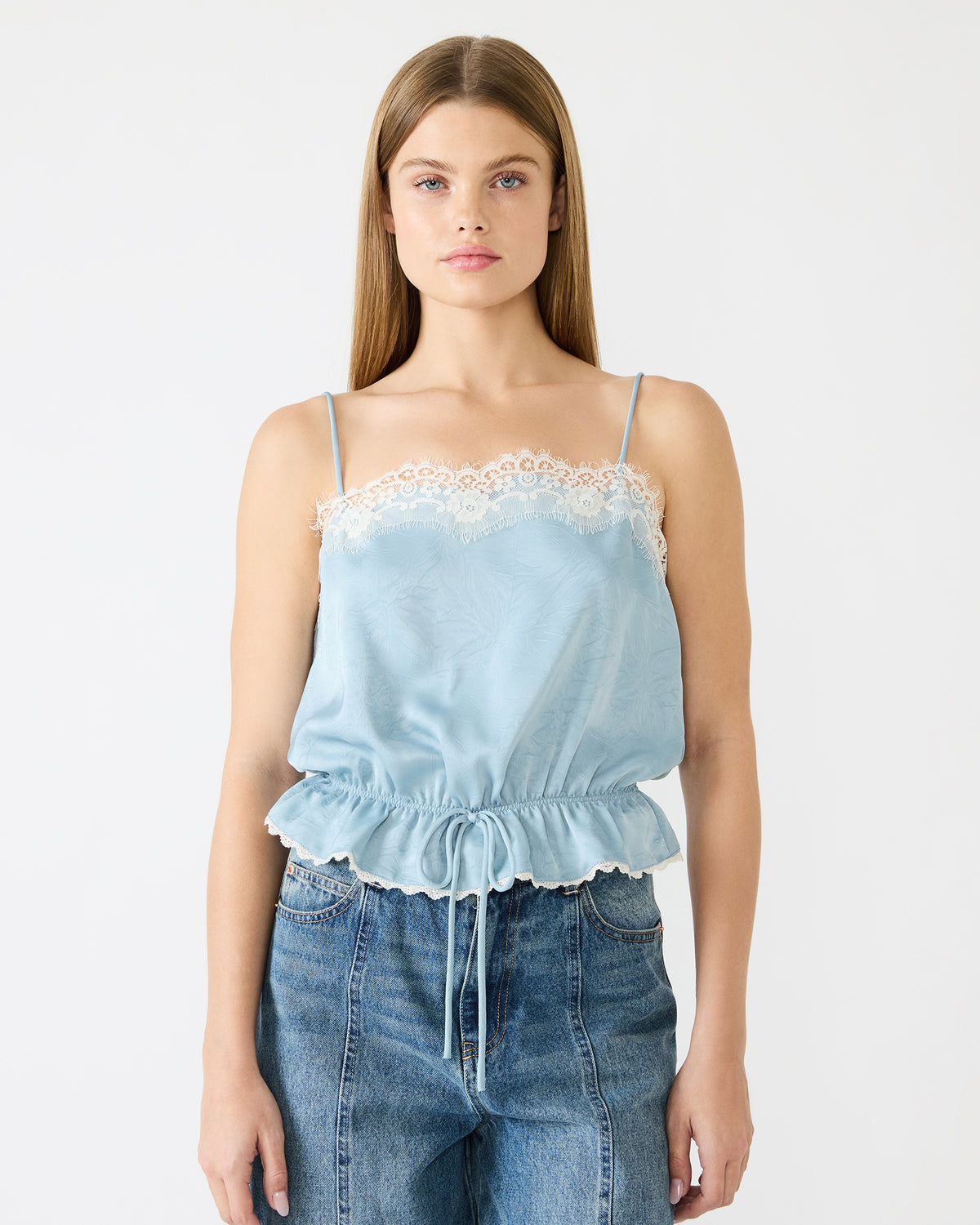 ROAN Dusty Blue Sleeveless Lace Trime Cinched Waist Women's Top Steve Madden DUSTY BLUE