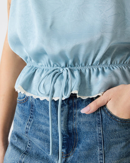 ROAN Dusty Blue Sleeveless Lace Trime Cinched Waist Women's Top Steve Madden DUSTY BLUE