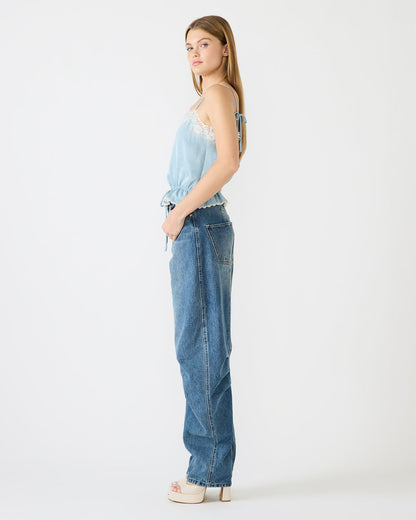 ROAN Dusty Blue Sleeveless Lace Trime Cinched Waist Women's Top Steve Madden DUSTY BLUE