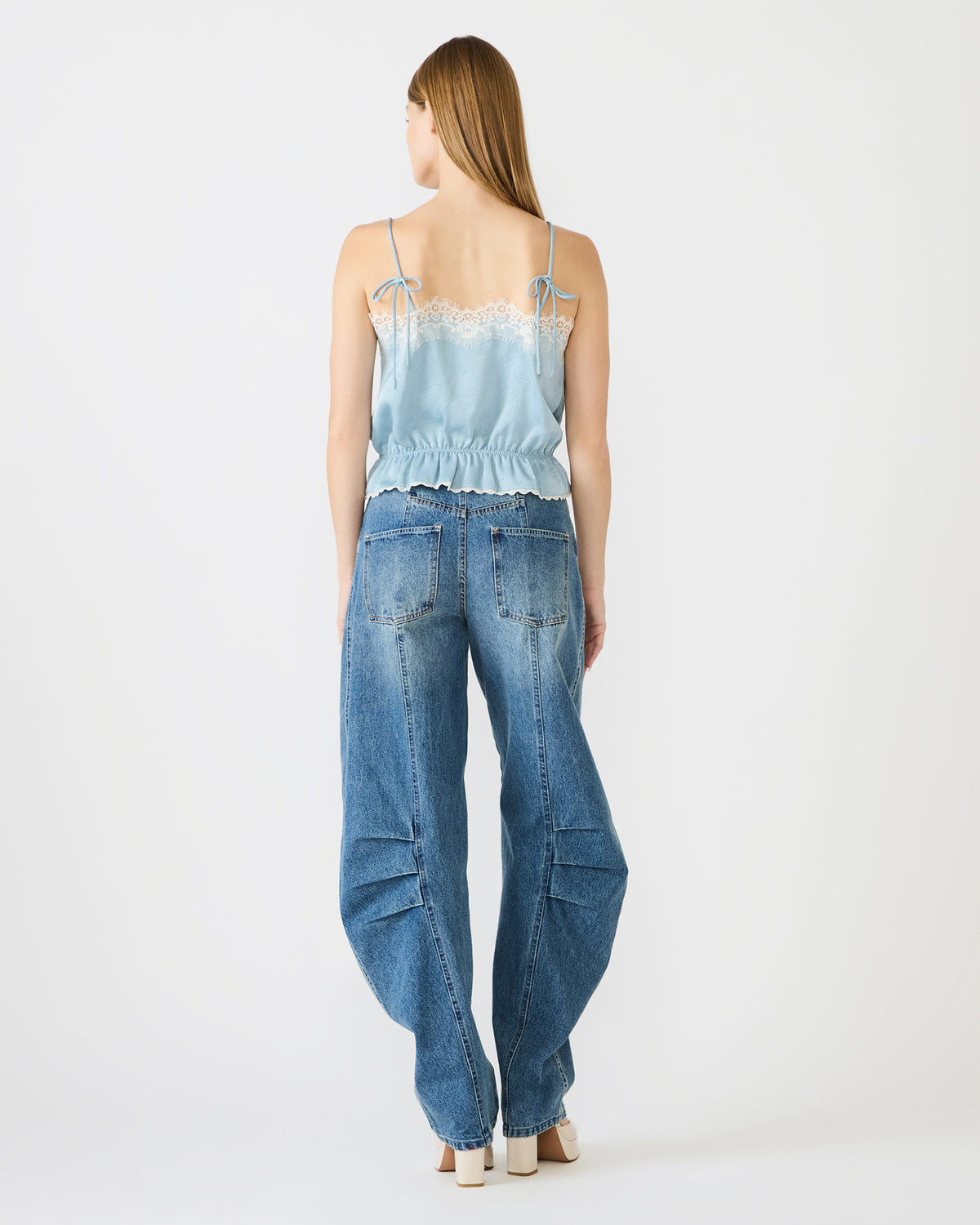 ROAN Dusty Blue Sleeveless Lace Trime Cinched Waist Women's Top Steve Madden DUSTY BLUE