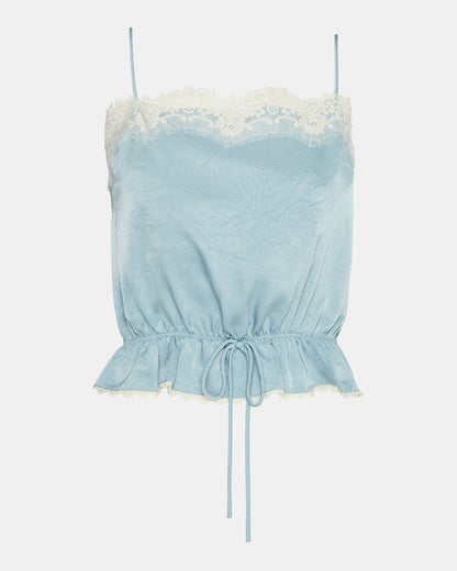 ROAN Dusty Blue Sleeveless Lace Trime Cinched Waist Women's Top Steve Madden DUSTY BLUE