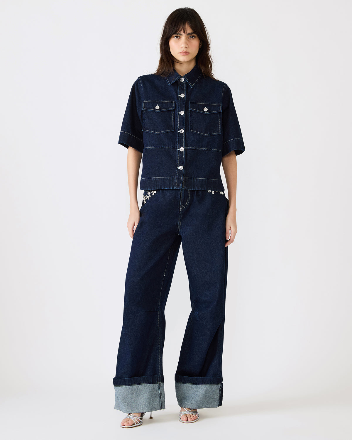 ELIANA Bijou Blue Short-Sleeved Button-Up Denim Women's Top Steve Madden BIJOU BLUE