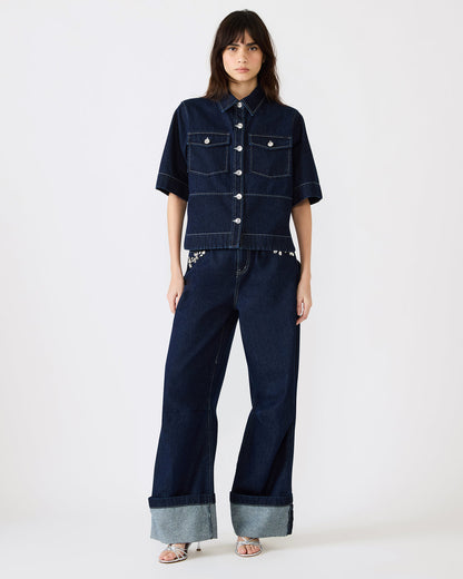 ELIANA Bijou Blue Short-Sleeved Button-Up Denim Women's Top Steve Madden BIJOU BLUE
