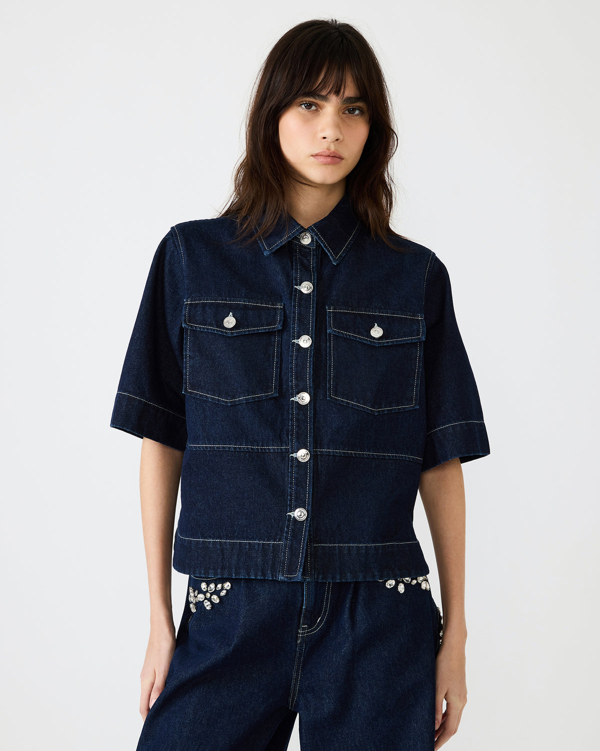 ELIANA Bijou Blue Short-Sleeved Button-Up Denim Women's Top Steve Madden BIJOU BLUE
