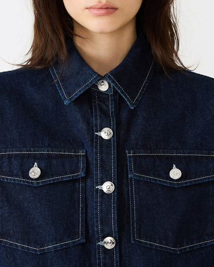 ELIANA Bijou Blue Short-Sleeved Button-Up Denim Women's Top Steve Madden BIJOU BLUE
