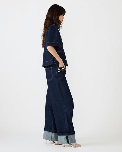 ELIANA Bijou Blue Short-Sleeved Button-Up Denim Women's Top Steve Madden BIJOU BLUE