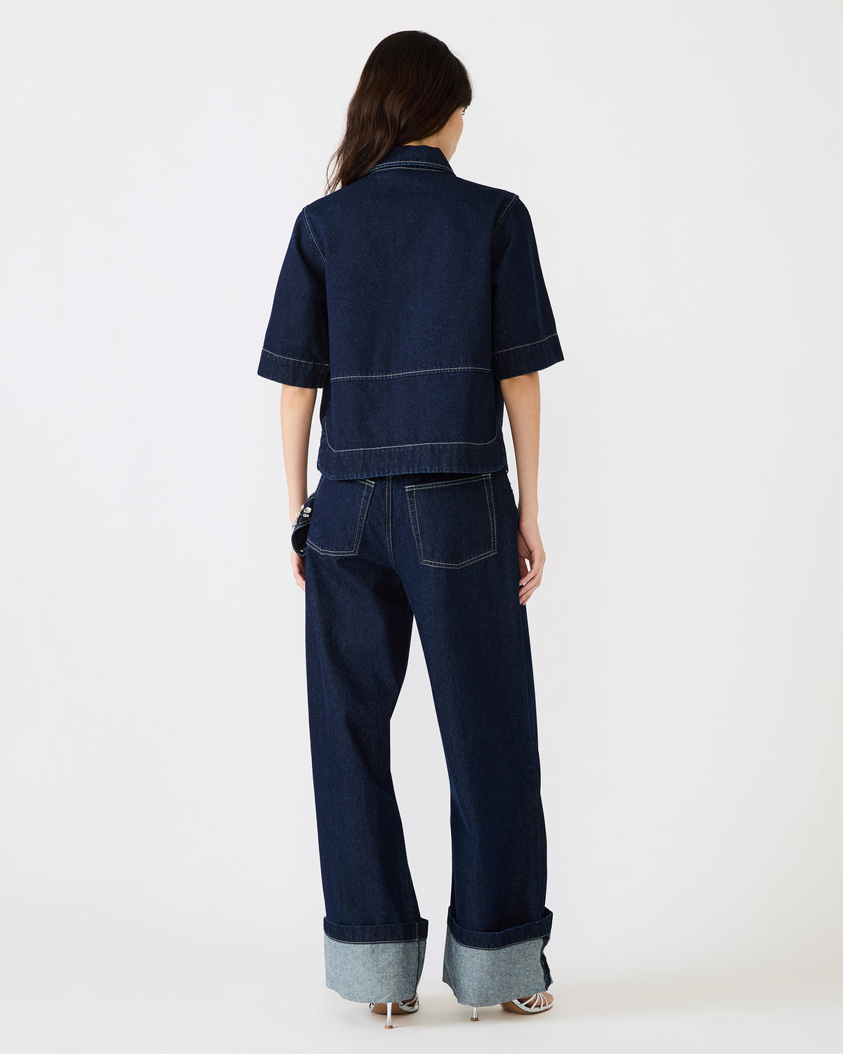 ELIANA Bijou Blue Short-Sleeved Button-Up Denim Women's Top Steve Madden BIJOU BLUE