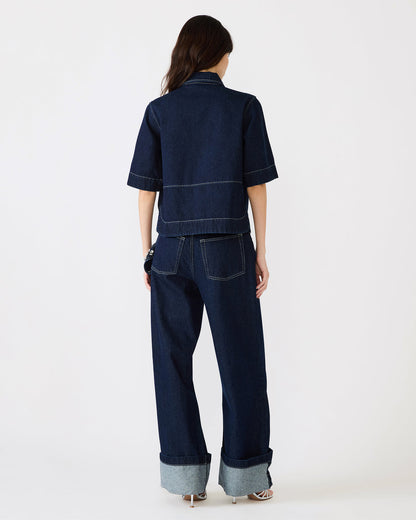 ELIANA Bijou Blue Short-Sleeved Button-Up Denim Women's Top Steve Madden BIJOU BLUE