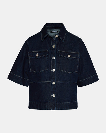 ELIANA Bijou Blue Short-Sleeved Button-Up Denim Women's Top Steve Madden BIJOU BLUE