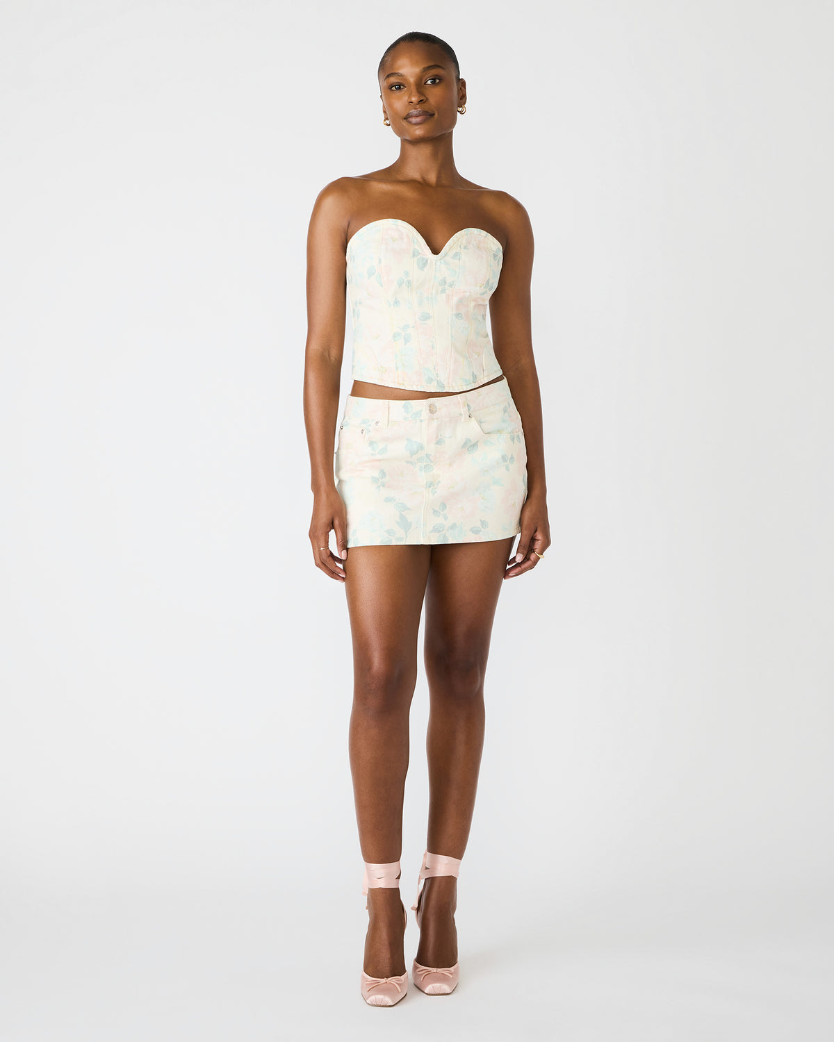 ROSELIA Peach Beige Floral Print Denim Strapless Corset Women's Top Steve Madden PEACH BEIGE