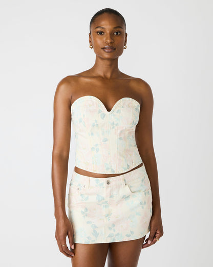 ROSELIA Peach Beige Floral Print Denim Strapless Corset Women's Top Steve Madden PEACH BEIGE