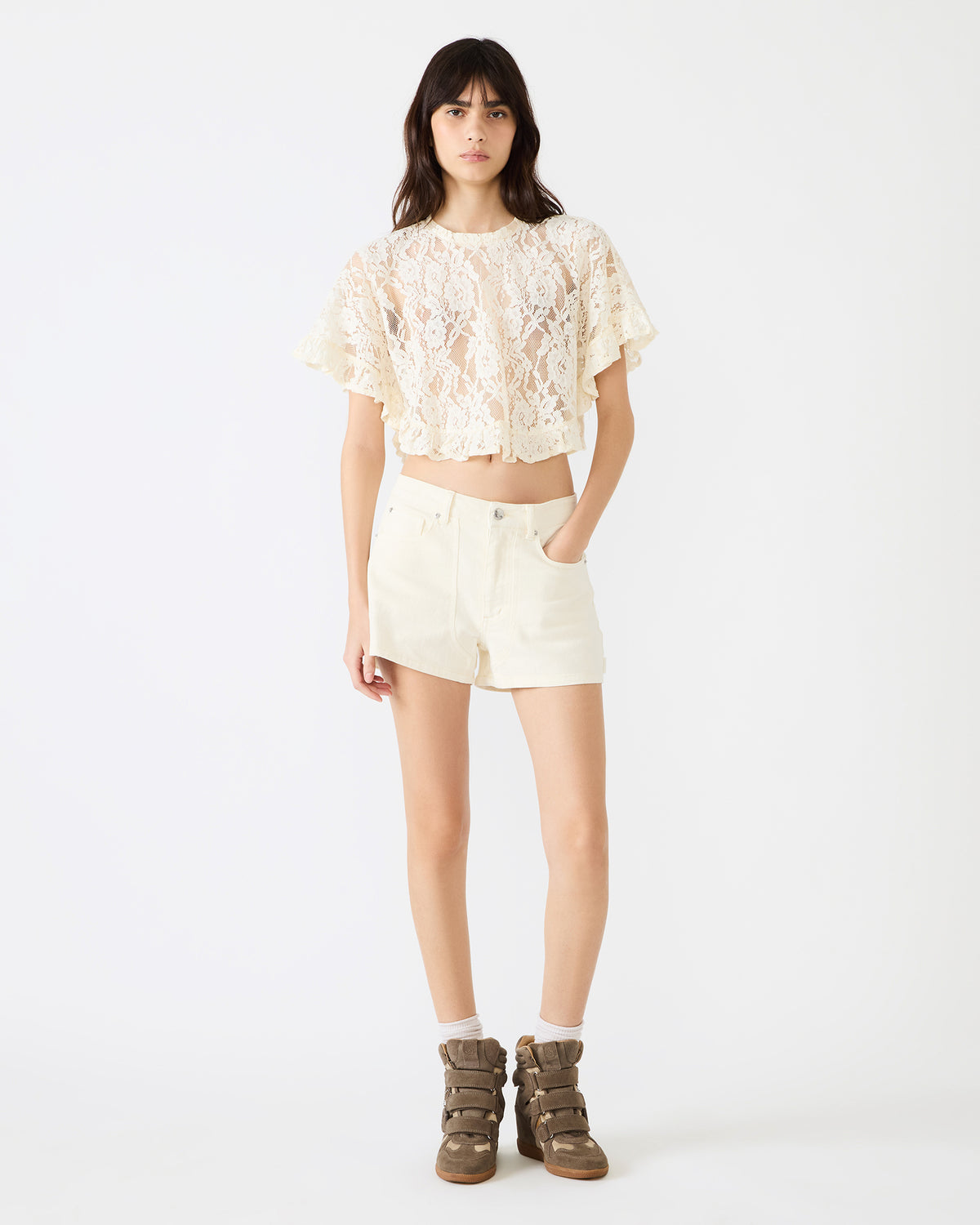 CALLUM Cream Short-Sleeved Mesh Lace Cropped Women's Top Steve Madden CREAM