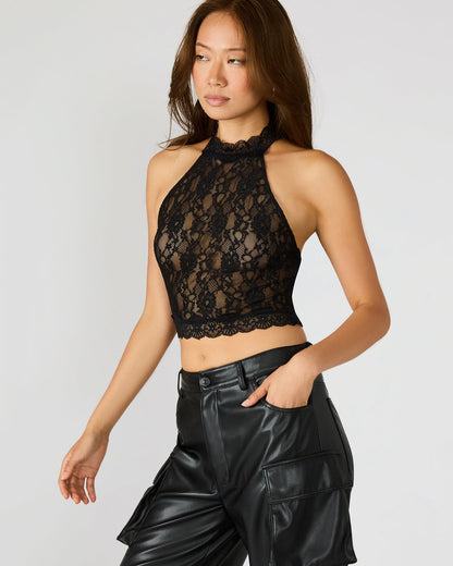 JUDY Black Lace Mesh Cropped Halter Women's Top Steve Madden BLACK