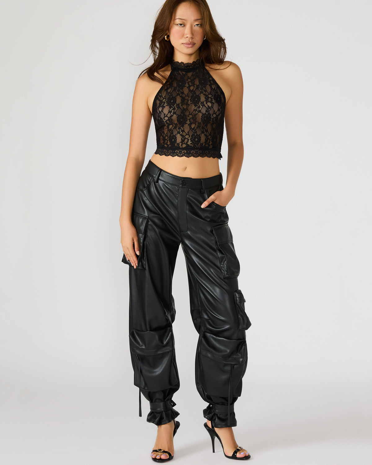 JUDY Black Lace Mesh Cropped Halter Women's Top Steve Madden BLACK