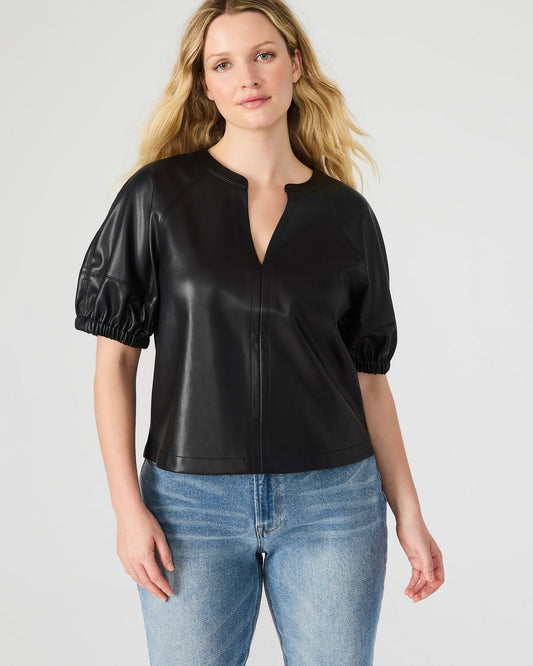 ROXANNE Black Short-Sleeved Faux Leather Puff Sleeve Women's Top Steve Madden BLACK