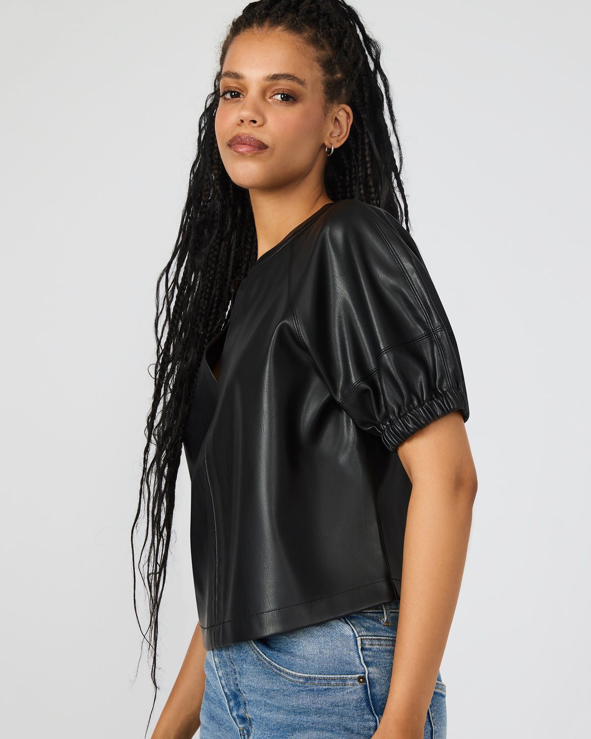 ROXANNE Black Short-Sleeved Faux Leather Puff Sleeve Women's Top Steve Madden BLACK