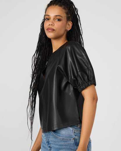ROXANNE Black Short-Sleeved Faux Leather Puff Sleeve Women's Top Steve Madden BLACK