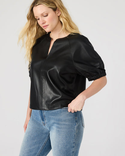 ROXANNE Black Short-Sleeved Faux Leather Puff Sleeve Women's Top Steve Madden BLACK