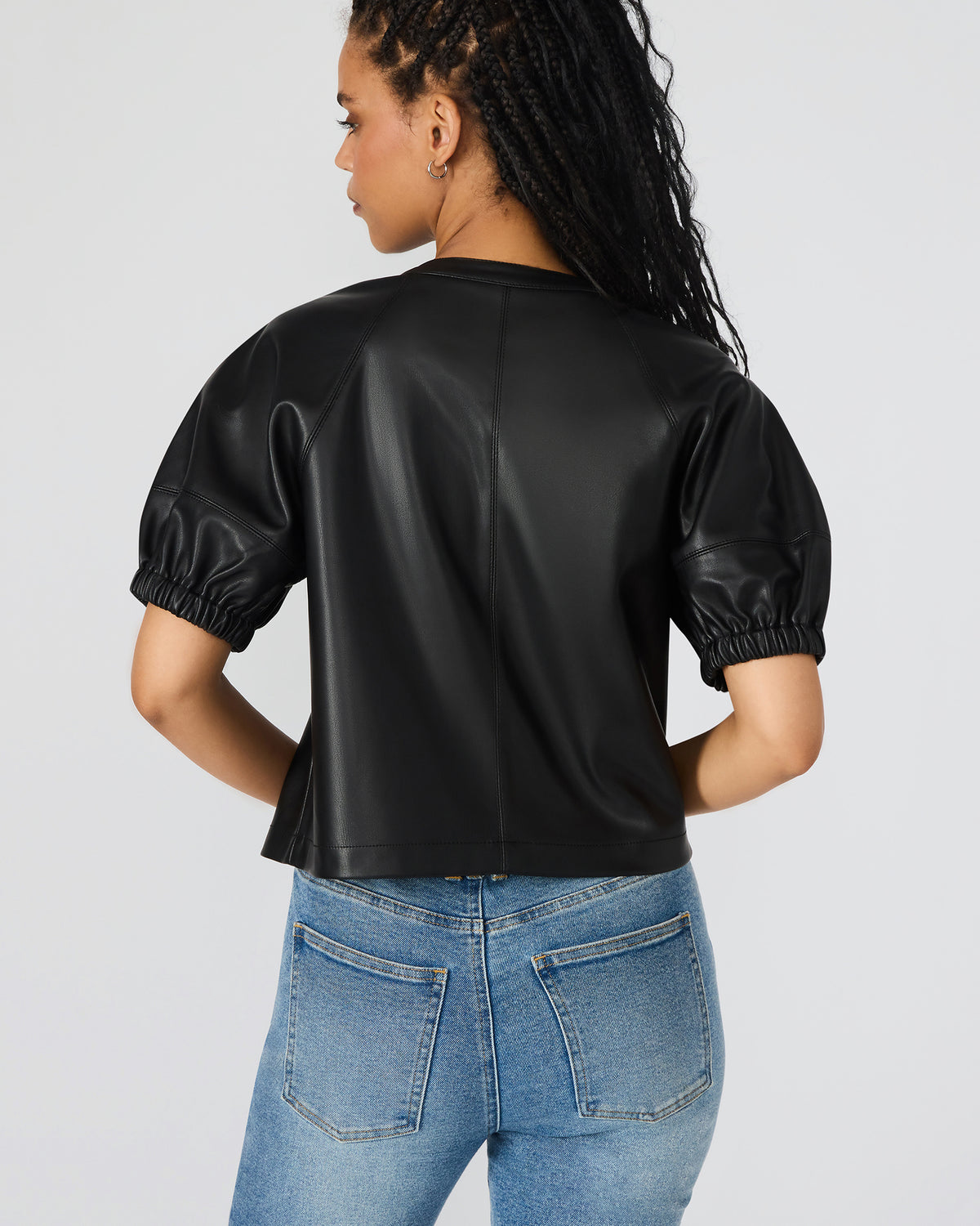 ROXANNE Black Short-Sleeved Faux Leather Puff Sleeve Women's Top Steve Madden BLACK