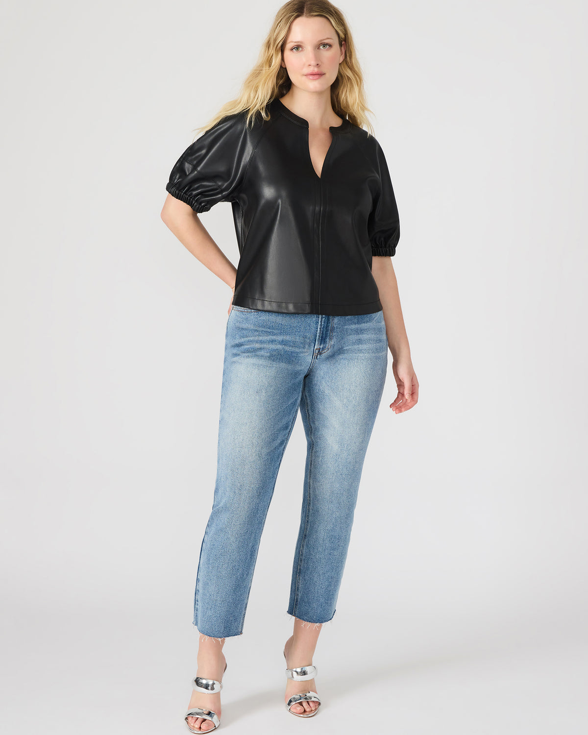 ROXANNE Black Short-Sleeved Faux Leather Puff Sleeve Women's Top Steve Madden BLACK