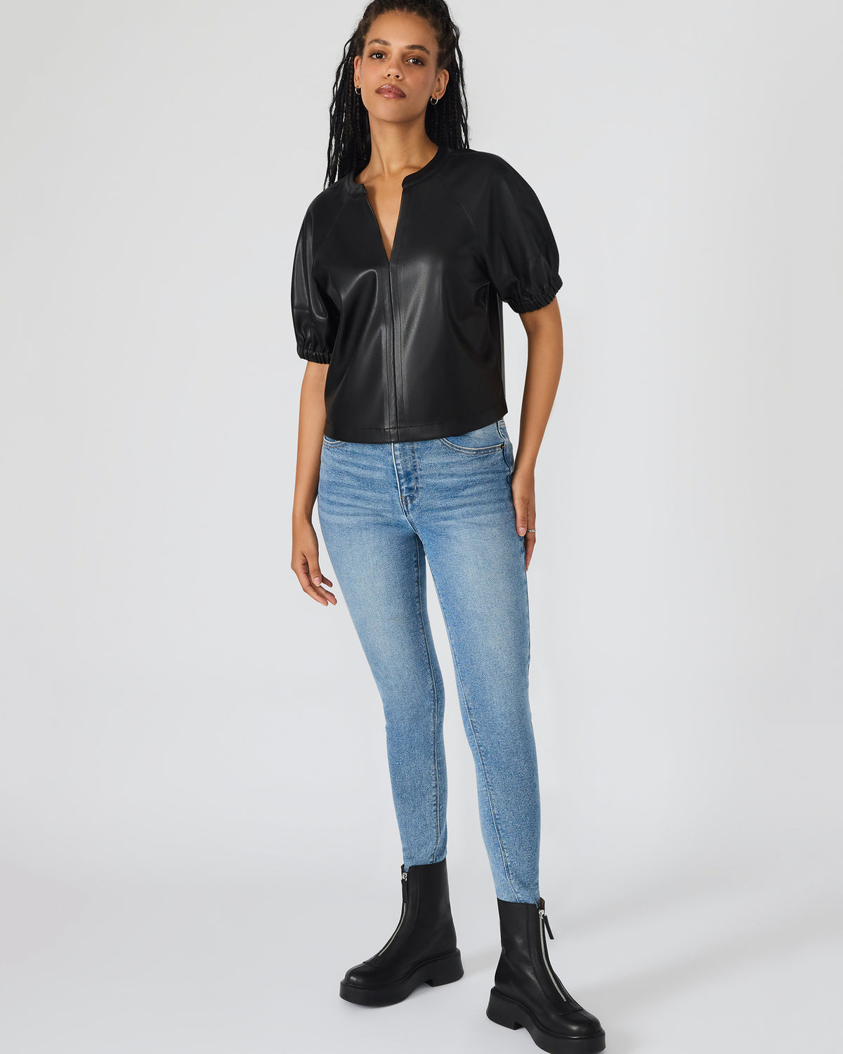 ROXANNE Black Short-Sleeved Faux Leather Puff Sleeve Women's Top Steve Madden BLACK